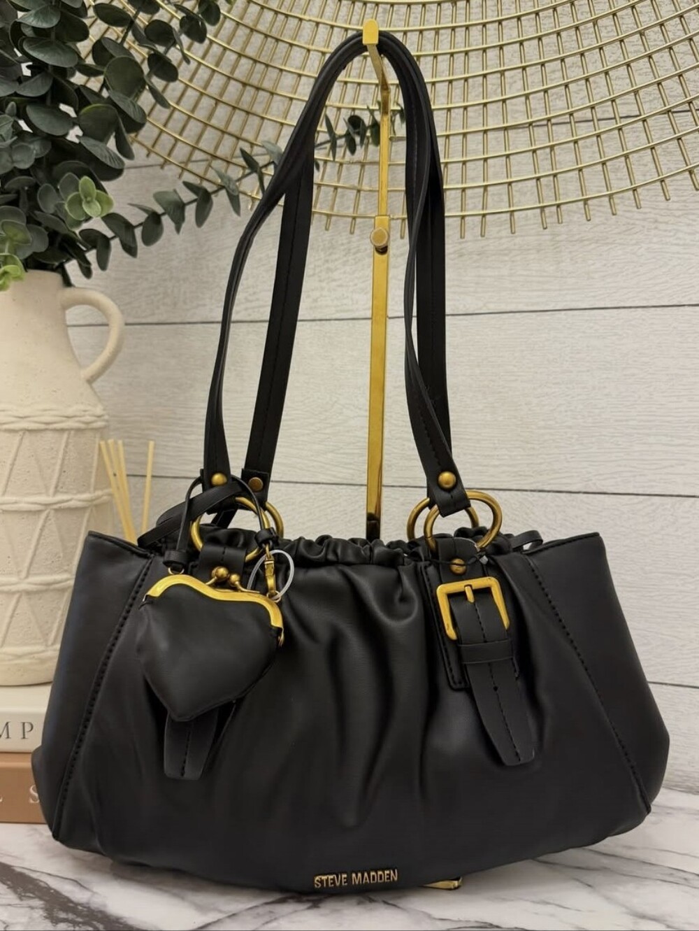 Steve Madden Black Shoulder Bag with Gold Accents